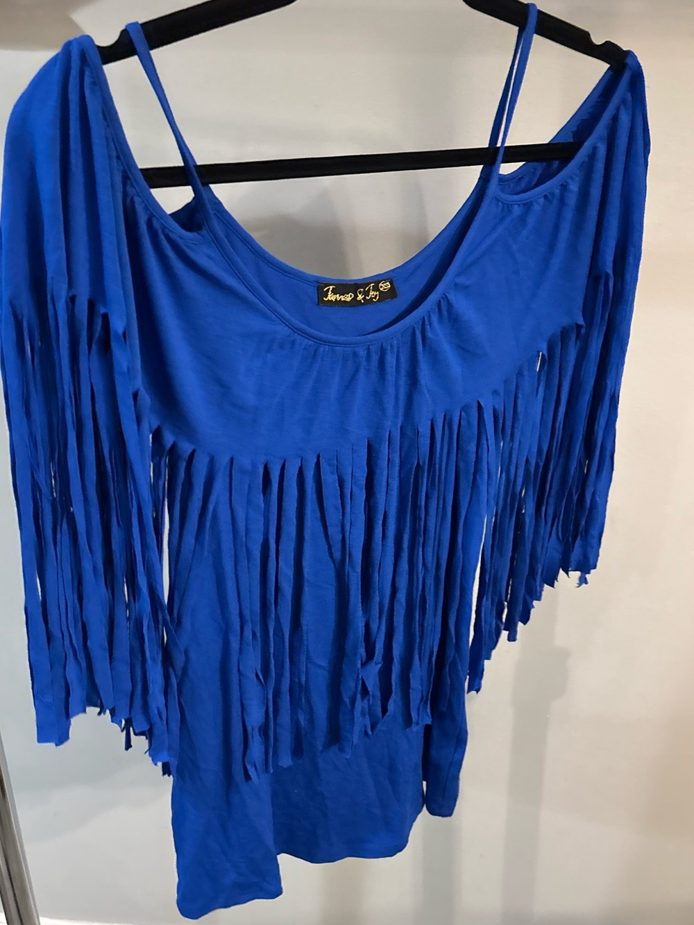 James & Joy Cobalt Blue Fringe Off-Shoulder Tunic size XS